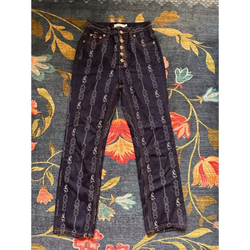 Tory Burch Gemini Link Bloom Jacquard Denim Pants Size 24